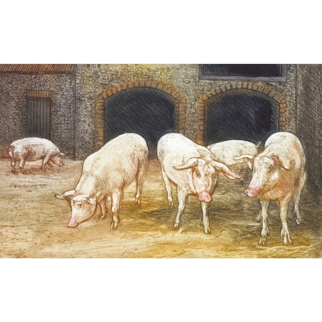 Limited edition etching of farmyard pigs by artist Valerie Christmas