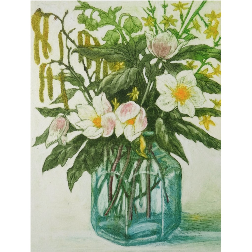 Limited edition etching of flowers in a jar by artist Valerie Christmas
