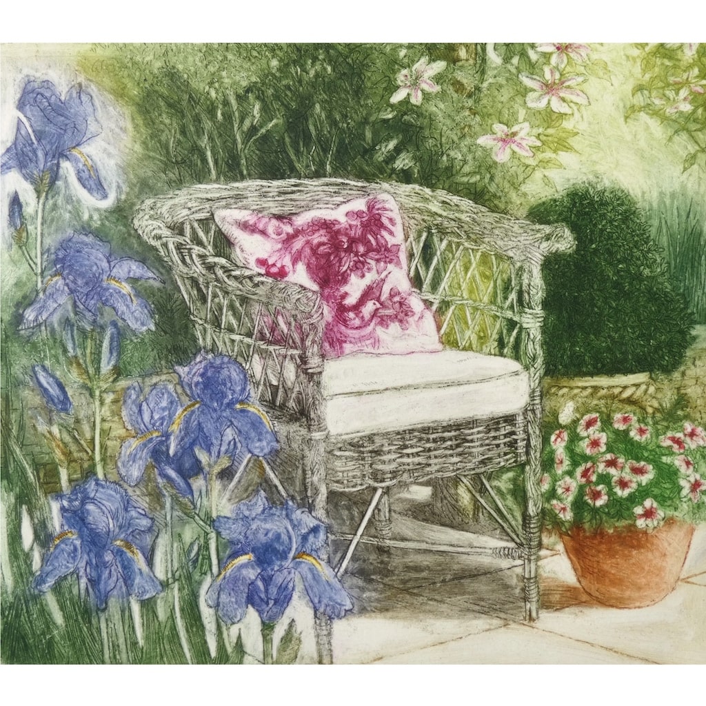 Limited edition etching of a garden chair and flowers by artist Valerie Christmas