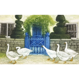 Limited edition etching of geese walking past a cottage by artist Valerie Christmas