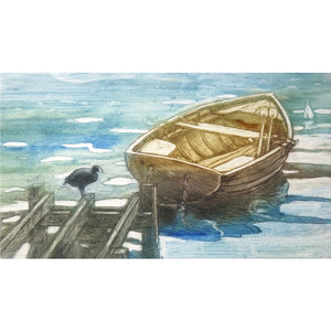Limited edition etching of a bird perched by a moored boat by artist Valerie Christmas