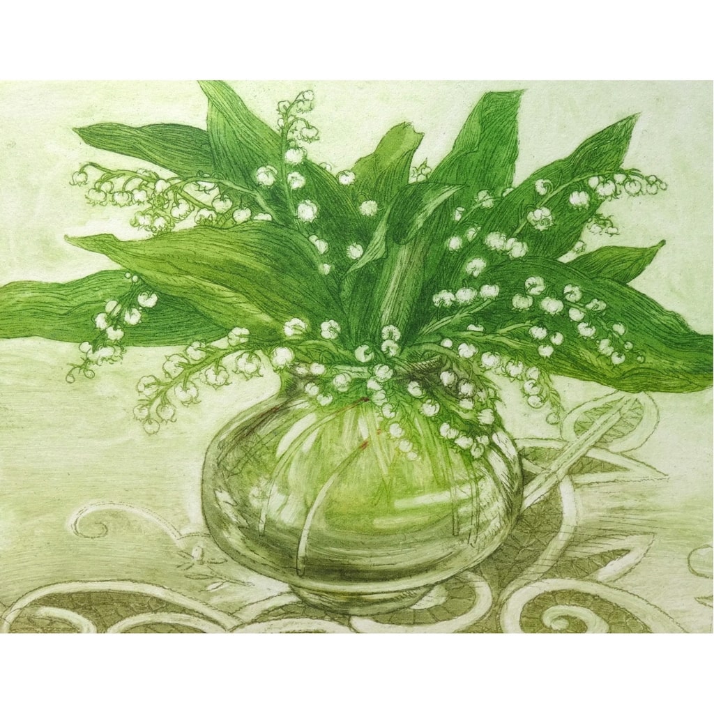 Limited edition etching of lilies in a vase by artist Valerie Christmas