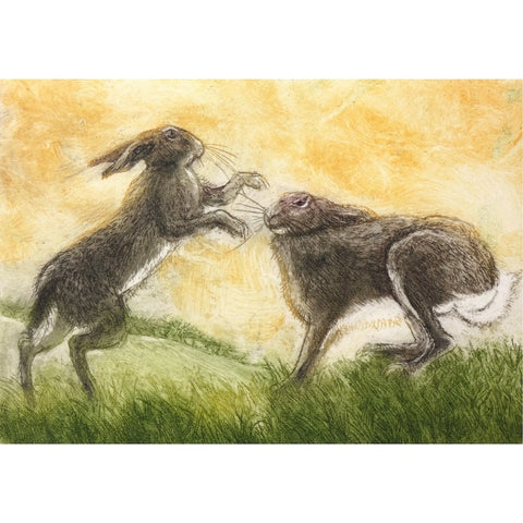 Limited edition etching of boxing hares by artist Valerie Christmas