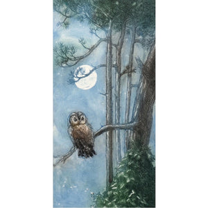 Limited edition etching of an owl sitting under the full moon by artist Valerie Christmas