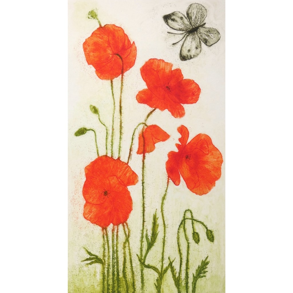 Limited edition etching of a butterfly and poppies by artist Valerie Christmas
