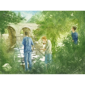 Limited edition etching of boys fishing on a riverbank by artist Valerie Christmas