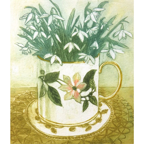 Limited edition etching of snowdrops in a mug by artist Valerie Christmas