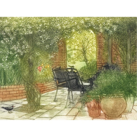 Limited edition etching of a spring garden by artist Valerie Christmas