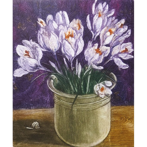 Limited edition etching of white crocuses by artist Valerie Christmas