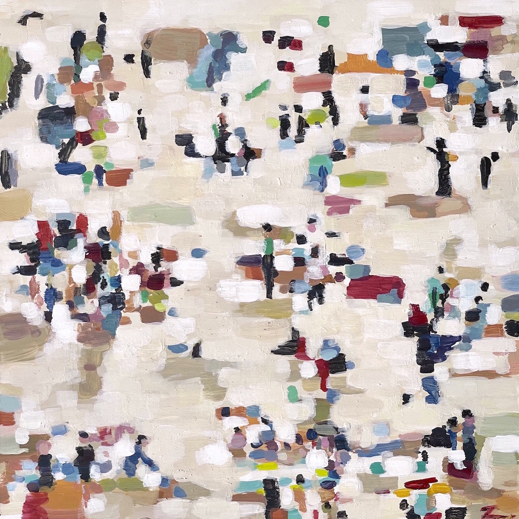 Abstract painting of a crowded beach by artist Zoe James